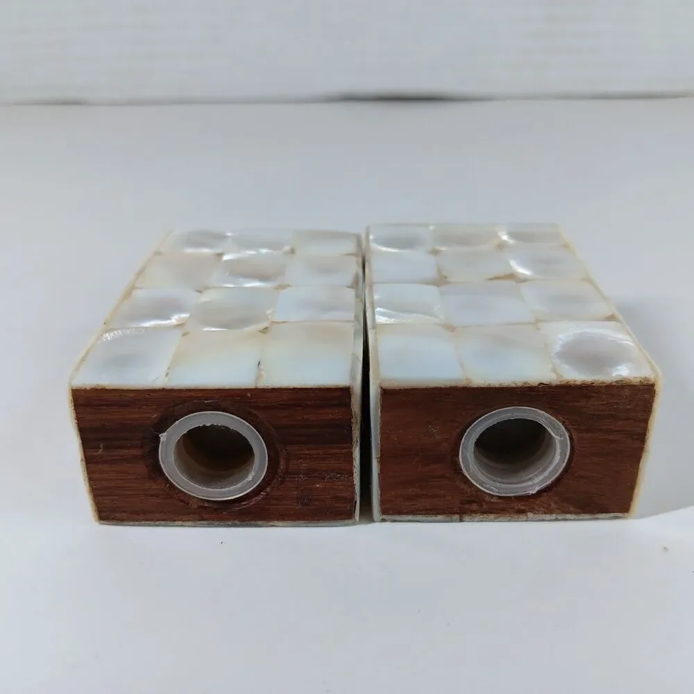 Vtg Mother Of Pearl Salt And Pepper Shakers Mosaic Block Iridescent Beach Decor
